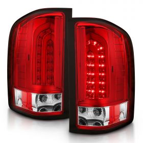 AmeriLite for 2007-2013 Chevy Silverado | GMC Sierra Heavy Duty Ruby Red LED Tube Taillights Rear Lamp Assembly Set - Passenger and Driver Side