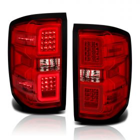 AmeriLite for 2014-2018 Chevy Silverado 1500 2500 3500 Red Lens LED Taillights Brake Lamp Pair - Driver and Passenger Side