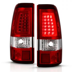 AmeriLite for 1999-2006 GMC Sierra / 99-02 Chevy Silverado Pick Up Truck Ruby Red C-Type LED Tube Replacement Tail Lights Brake Lamp Set - Passenger and Driver Side