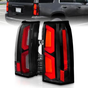 AmeriLite for 2015-2020 Chevy Tahoe Suburban [Full LED] C-Type Dual Light Bar Black Replacement Taillights Assembly Pair - Passenger and Driver Side