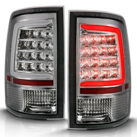 AmeriLite for 2009-2018 Dodge Ram 1500 / 10-18 Ram 2500 3500 Crystal Chrome C-Type LED Tube Replacement Tail Light Assembly Set - Not Compatible With Factory LED Version
