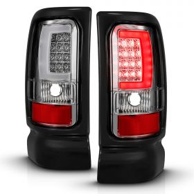AmeriLite for 1994-2001 Dodge Ram 1500 2500 3500 Truck Chrome C-Bar LED Replacement Tail Lights Signal Lamp Pair - Passenger and Driver Side