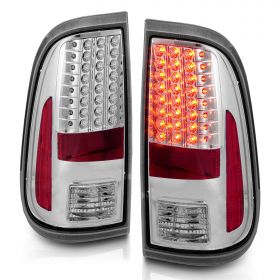 AmeriLite for 2008-2016 Ford F250 F350 F450 Super Duty Pickup Truck Crystal Clear Chrome LED Replacement Brake Lamps Taillights Set - Passenger and Driver Side