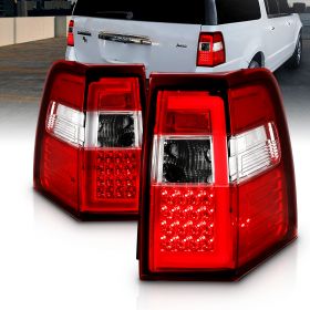 AmeriLite for 2007-2017 Ford Expedition [Full LED] C-Type Tube Sequential Turn Signal Red Replacement Tail Lights Set - Passenger and Driver Side