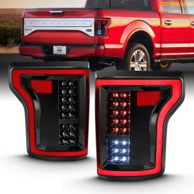AmeriLite [Full LED] Light Tube 3D Lens Pulished Black Taillights Assembly Pair for 2015-2017 Ford F150 Pickup Truck - Passenger and Driver Side
