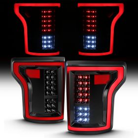 AmeriLite [Full LED] Light Tube 3D Lens Pulished Black Taillights Assembly Pair for 2015-2017 Ford F150 Pickup Truck - Passenger and Driver Side