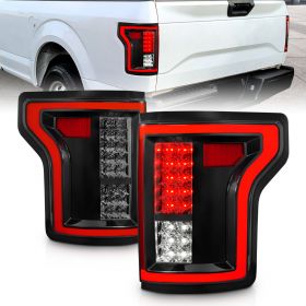 AmeriLite [Full LED] Red Cover Tube w/3D Lens Smoke Taillights Assembly Pair for 2015-2017 Ford F150 Pickup Truck - Passenger and Driver Side