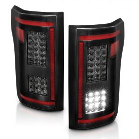 AmeriLite [Full LED] Red Tube w/Smooth Lens Sequential Signal Smoke Taillights Pair for 2015-2017 Ford F150 Pickup - Passenger and Driver Side