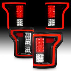 AmeriLite [Full LED] Red Cover Tube w/3D Lens Black Taillights Assembly Pair for 2015-2017 Ford F150 Pickup Truck - Passenger and Driver Side
