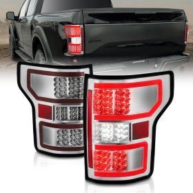 AmeriLite for 2018-2020 Ford F150 Pickup [Full LED] Light Tube Chrome Replacement Taillights Assembly Set - Driver and Passenger Side