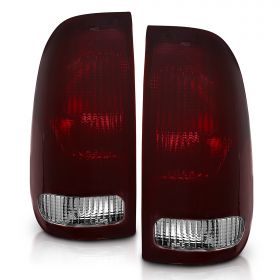 AmeriLite for Ford F-Series F150 F250 F350 SuperDuty Dark Red Factory Style OE Replacement Assembly Halogen Taill Lights Brake Lamps Set - Driver and Passenger Side