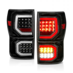 AmeriLite Replacement for 2007-2013 Toyota Tundra Pickup Crystal Black [Full LED] Dual C-Type Tube Taillights Brake Lamp Pair - Passenger and Driver Side