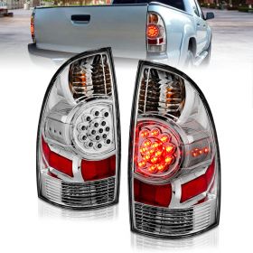 AmeriLite for 2005-2015 Toyota Tacoma Crystal Chrome LED Rear Brake Lamp OE Replacement Taillights Set + Bulbs Socket - Passenger and Driver Side