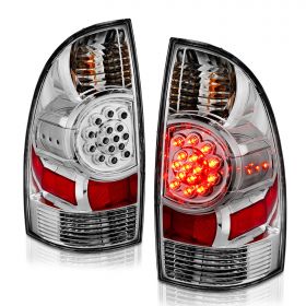 AmeriLite for 2005-2015 Toyota Tacoma Crystal Chrome LED Rear Brake Lamp OE Replacement Taillights Set + Bulbs Socket - Passenger and Driver Side
