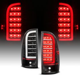 AmeriLite for 2005-2015 Toyota Tacoma Pickup C-Type LED Tube Black Replacement Tail Light Assembly Set - Driver and Passenger Side