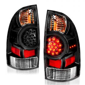 AmeriLite for 2005-2015 Toyota Tacoma Black LED OE Style Rear Brake Lamp Replacement Taillights w/Bulbs Socket Set - Passenger and Driver Side