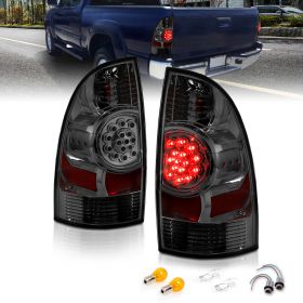 AmeriLite for 2005-2015 Toyota Tacoma Crystal Smoke LED Rear Brake Lamp Replacement Taillights Set + Bulbs Socket - Passenger and Driver Side