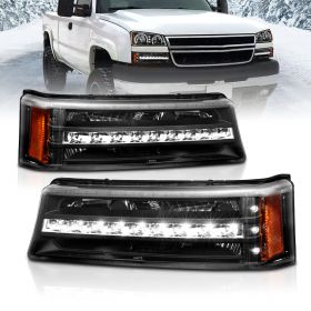AmeriLite for 2003-2006 Chevy Silverado Avalanche LED Black Replacement Bumper Parking Lights Set - Passenger and Driver Side