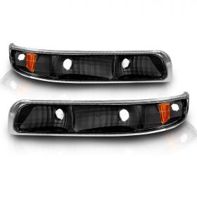 AmeriLite for Chevy 1999-2002 Silverado | 00-06 Suburban Tahoe Black Replacement Bumper Turn Signal Lights Pair - Passenger and Driver Side