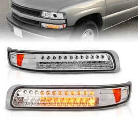AmeriLite for 99-02 Chevy Silverado / 00-06 Suburban Tahoe [Full LED] Chrome Turn Signal Bumper Parking Lights Set - Passenger and Driver Side
