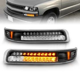 AmeriLite for 99-02 Chevy Silverado / 00-06 Suburban Tahoe [Full LED] Black Turn Signal Bumper Parking Lights Set - Passenger and Driver Side