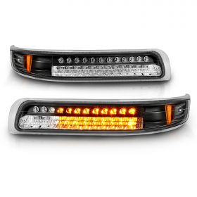 AmeriLite for 99-02 Chevy Silverado / 00-06 Suburban Tahoe [Full LED] Black Turn Signal Bumper Parking Lights Set - Passenger and Driver Side