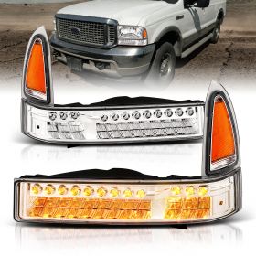 AmeriLite Chrome Parking Turn Signal Lights Set For Ford Excursion / Super Duty - Passenger and Driver Side