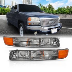 AmeriLite for 1999-2006 GMC Sierra Yukon XL Smoke Front Bumper Lights Turn Signal Parking Lamps Assembly - Driver and Passenger Side