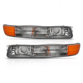 AmeriLite for 1999-2006 GMC Sierra Yukon XL Smoke Front Bumper Lights Turn Signal Parking Lamps Assembly - Driver and Passenger Side