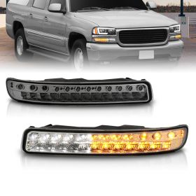 AmeriLite for 1999-2006 GMC Sierra 1500 2500 3500 Yukon XL Smoke LED Bumper Lights Turn Signal Parking Lamps Assembly - Driver and Passenger Side