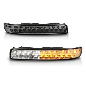 AmeriLite for 1999-2006 GMC Sierra 1500 2500 3500 Yukon XL Smoke LED Bumper Lights Turn Signal Parking Lamps Assembly - Driver and Passenger Side