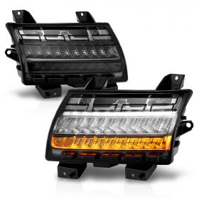 AmeriLite for 2018-2020 Jeep Wrangler JL LED Type [Full LED DRL] Sequential Bumper Parking Lamp Turn Signal Smoke Lights Set - Passenger and Driver Side