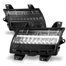 AmeriLite for 2018-2020 Jeep Wrangler JL Halogen Type [Full LED DRL] Sequential Bumper Parking Lamp Turn Signal Smoke Lights Set - Passenger and Driver Side