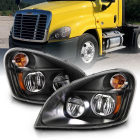 AmeriLite for 2008-2020 Freightliner Cascadia LED High Low Beam Black Replacement Headlight Assembly Set - Passenger and Driver Side