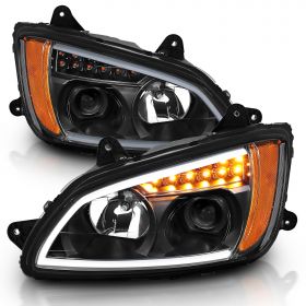 AmeriLite for 2008-2017 Kenworth T660 LED Bar Signal Black Projector Replacement Headlights Pair - Passenger and Driver Side