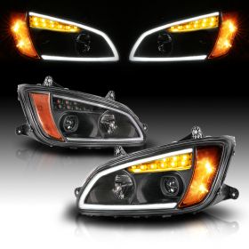 AmeriLite for 2008-2017 Kenworth T660 [Full LED] Light Tube Black Projector Headlights Set LED High/Low Beam - Passenger and Driver Side