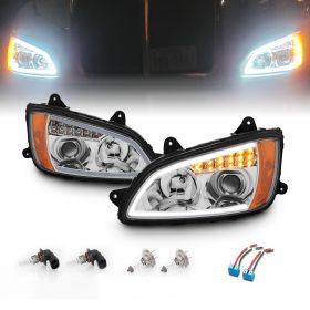AmeriLite for 2008-2017 Kenworth T660 LED Bar Turn Signal Chrome Replacement Projector Headlights Set High/Low Beam Bulb Included - Passenger and Driver Side