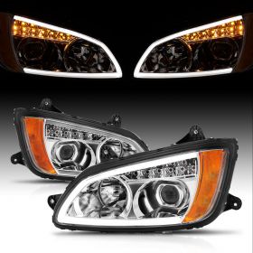 AmeriLite for 2008-2017 Kenworth T660 LED Bar Turn Signal Chrome Replacement Projector Headlights Set High/Low Beam Bulb Included - Passenger and Driver Side