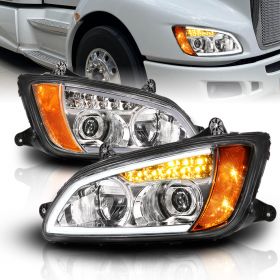 AmeriLite for 2008-2017 Kenworth T660 Truck [Full LED] Projector Chrome Replacement Headlights Set - Passenger and Driver Side