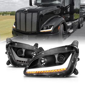 AmeriLite LED Bar LED Turn Signal Light Black Projector Replacement Headlights Set For Peterbilt 579 587 - Driver and Passenger Side