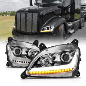 AmeriLite LED Bar LED Turn Signal Light Chrome Projector Replacement Headlights Set For Peterbilt 579 587 - Driver and Passenger Side