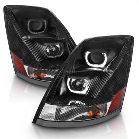 AmeriLite For Volvo VN/VNL Series Black Projector Headlights Pair High/Low Beam Bulb Included