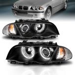 AmeriLite for 1998-2001 BMW 3 Series E46 4 Door Sedan Halo Parking Lamp Projector Black Headlights Coner Light Set - Passenger and Driver Side