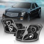 AmeriLite for 2003-2007 Cadillac CTS LED Halos Factory Black Projector Replacement Headlights Pair - Passenger and Driver Side