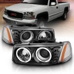 AmeriLite for GMC 99-07 Sierra / 00-06 Yukon Dual LED Halo Ring Crystal Black Projector Headlights Pair - Passenger and Driver Side