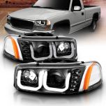 AmeriLite Replacement Headlights for GMC 99-07 Sierra 1500 2500HD 3500HD / 00-06 Yukon U-Type LED Crystal Black Projector Pair - Passenger and Driver Side