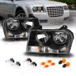 AmeriLite for 2005-2010 Chrysler 300 Sedan Halogen Type OE Style Black Replacement Headlight Assembly w/Bulb Socket Pair - Passenger & Driver Side