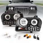 AmeriLite for 2005-2010 Chrysler 300 Black Replacement Headlight Assembly Halogen Projector Super Bright LED Halo w/Bulb Pair - Passenger & Driver Side