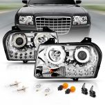 AmeriLite for 2005-2010 Chrysler 300 Chrome Replacement Headlight Assembly Halogen Projector Super Bright LED Halo w/Bulb Pair - Passenger & Driver Side