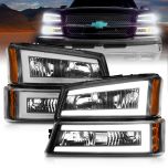 AmeriLite for 2003-2006 Chevy Silverado 1500 2500 3500 | Avalanche Truck LED Tube Black Headlights with Bumper Turn Signal Set - Driver and Passenger Side